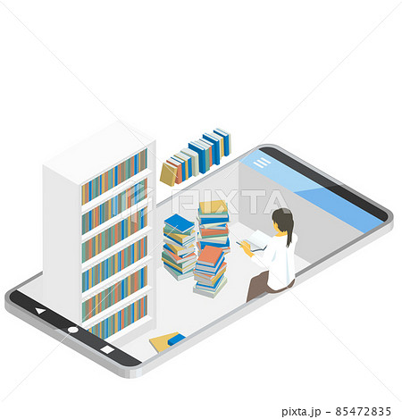 アイソメトリック スマートフォンに電子書籍をダウンロードする 電子図書室で本を読む人のイメージイラス アイソメトリック スマートフォンに電子書籍をダウンロードする 電子図書室で本を読む人のイメージイラス 85472835