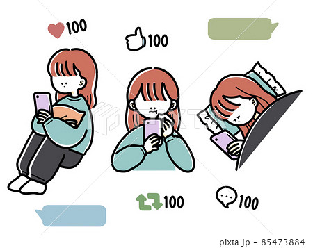 スマホ依存症の女の子のイラストのイラスト素材