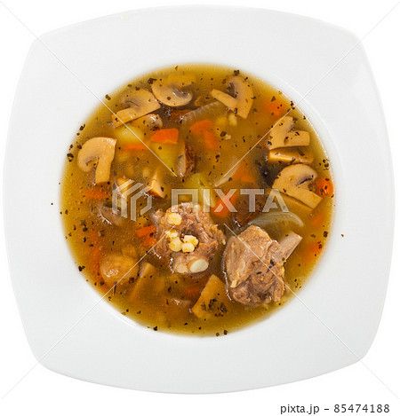 Pork and mushroom soup with vegetables and pearl barley 85474188