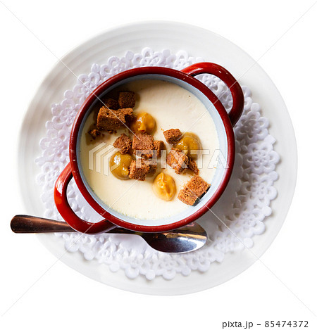 Custard dessert with cream cheese, brownie, praline 85474372