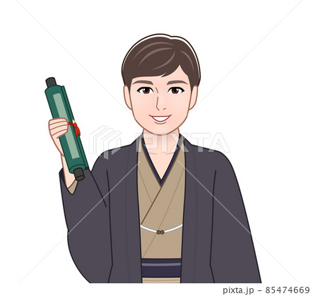 渋い色の羽織袴を着た男性 渋い色の羽織袴を着た男性 85474669