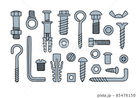 Hand drawn screw, bolts, fasteners. Bolts, screws, nuts, dowels and rivets in doodle style. Hand drawn building material. Vector illustration isolated on white background Hand drawn screw, bolts, fasteners. Bolts, screws, nuts, dowels and rivets in doodle style. Hand drawn building material. Vector illustration isolated on white background 85476150