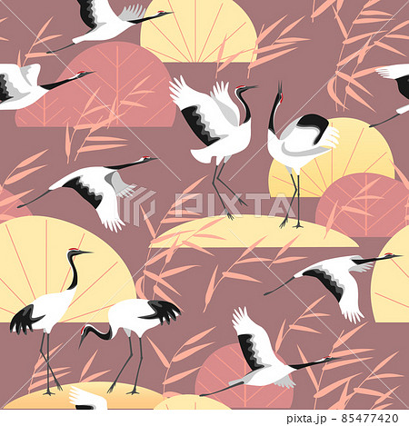 Seamless Pattern Wetland Scene and Japanese Cranes 85477420