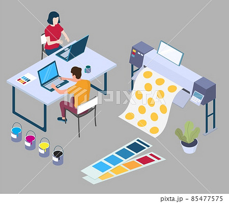 Ads banner print, vector isometric illustration. Printshop workers, equipment. Printing house, print shop services. 85477575