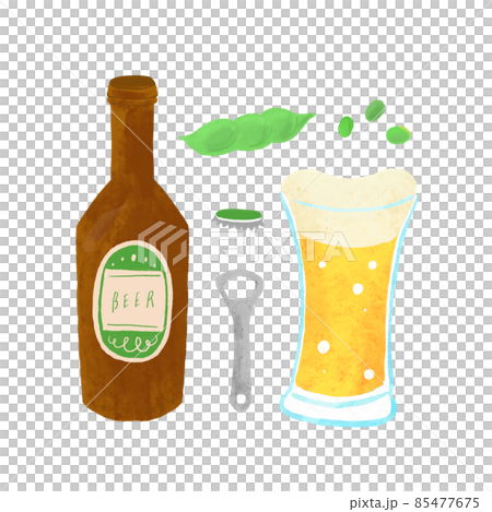 ビールとビール瓶と枝豆の手描きイラスト ビールとビール瓶と枝豆の手描きイラスト 85477675