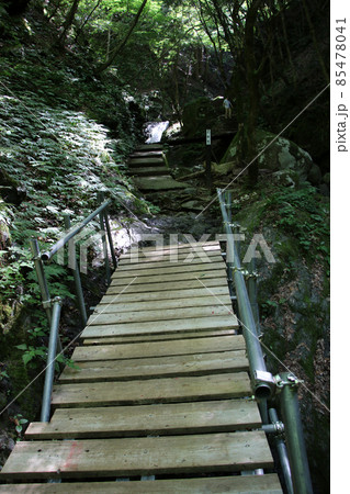天滝 兵庫県養父市大屋町にある日本の滝100選に選ばれた名瀑 その渓流天滝川に架かる坂道に向かう橋 天滝 兵庫県養父市大屋町にある日本の滝100選に選ばれた名瀑 その渓流天滝川に架かる坂道に向かう橋 85478041