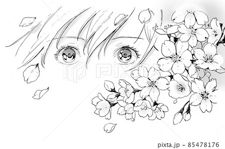 正面を向いた女の子の瞳と桜のモノクロイラストのイラスト素材