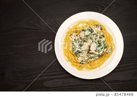 Portion of delicious meatballs with spinach in a creamy sauce and pasta on wooden background Portion of delicious meatballs with spinach in a creamy sauce and pasta on wooden background 85478466