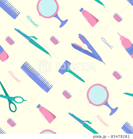 Seamless pattern hairdressing tool kit for beauty salon or home use. Vector illustration of doodle icons for self and hair care. Comb, razor, hair dryer, curling iron and other items 85479281