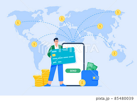International money transfer and safe transactions. A male user sends money to different locations abroad using a mobile banking app. Easy banking concept. Vector flat illustration. International money transfer and safe transactions. A male user sends money to different locations abroad using a mobile banking app. Easy banking concept. Vector flat illustration. 85480039