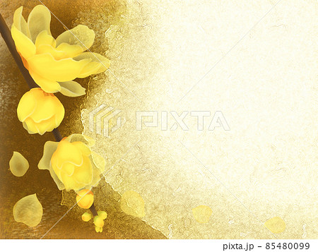黄色い花をつけた蝋梅の枝の和柄フレーム（金茶の和紙背景） 85480099