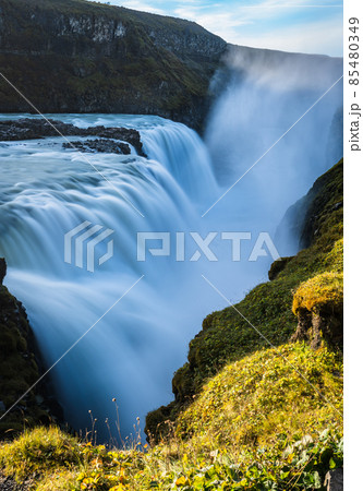 Spectacular Gullfoss Golden falls waterfall long exposure closeup view 85480349