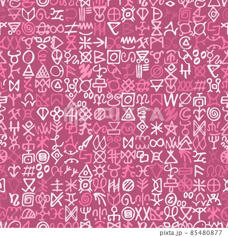Colorful beautiful hand drawn mystic symbols on pink background pattern 85480877