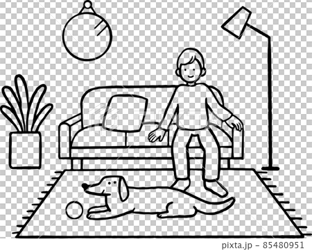リビングでくつろぐ男性のイラスト 線画のみのイラスト素材