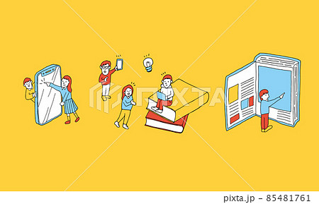 スマートフォン、インターネット、書籍など、それぞれの手段で調べる学生たちのイラスト 85481761