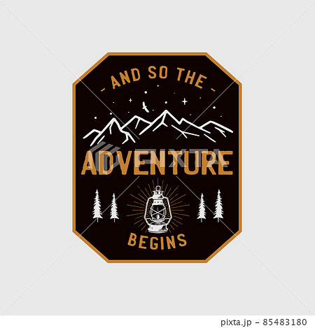 Wilderness adventure Logo Design print. Camping lantern badge. Great outdoors patch. Camp design for t-shirt, other prints. Outdoor insignia label. Stock Wilderness adventure Logo Design print. Camping lantern badge. Great outdoors patch. Camp design for t-shirt, other prints. Outdoor insignia label. Stock 85483180