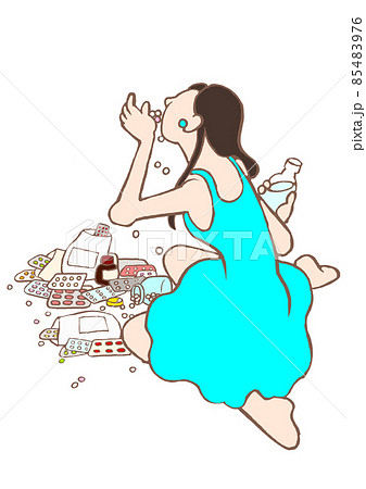 パーソナリティ障害 散乱する錠剤の中で大量服薬する女性 パーソナリティ障害 散乱する錠剤の中で大量服薬する女性 85483976