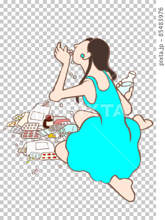 パーソナリティ障害 散乱する錠剤の中で大量服薬する女性 パーソナリティ障害 散乱する錠剤の中で大量服薬する女性 85483976