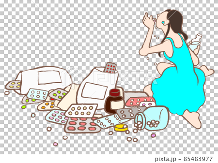 パーソナリティ障害　散乱する錠剤の脇で大量服薬する女性 85483977
