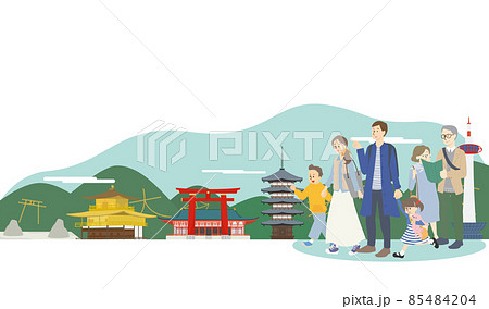 京都の有名な観光スポットを歩く家族のイラスト素材
