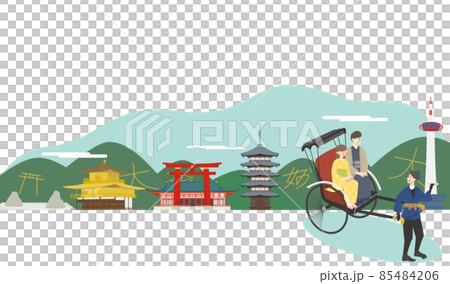 京都の有名な観光スポットを人力車で周る若い男女のカップル 京都の有名な観光スポットを人力車で周る若い男女のカップル 85484206