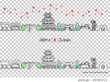 秋田県の観光地の街並みと新型コロナウイルスのシンプル線画セット 85484211