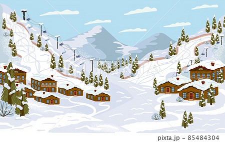 Ski resort with ski track, cable cars, ski lifts, vector illustration. Winter holidays and sport activity. Winter season mountain landscape with alps chalet. 85484304