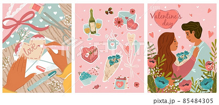 Valentines Day vector posters set with love stickers, romantic couple, love letter. 14 february illustration greeting card templates. Happy couple with flower decoration, stickers and valentine icons 85484305
