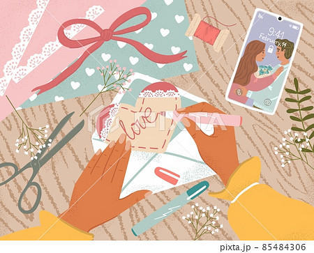 Valentine day greeting card vector illustration. Woman writes a love letter or valentines. Girl hands, envelope, letter with heart. 14 february holiday poster. Mobile phone with romantic happy couple 85484306