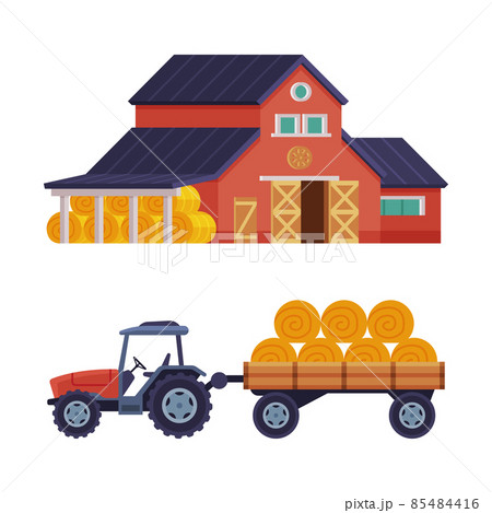 Timbered Red Barn or Granary for Crop Storage and Tractor with Bale of Hay Vector Set 85484416