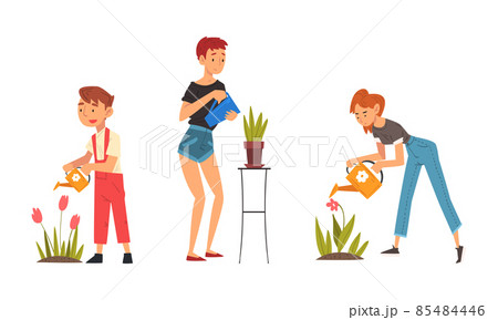 Woman and Boy Character Watering Plant Sprout Growing in Pot and Soil Vector Set 85484446