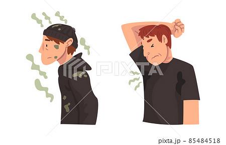 Man Raising Hand Feeling Bad Smell from Armpit and Wearing Dirty Clothes Vector Set Man Raising Hand Feeling Bad Smell from Armpit and Wearing Dirty Clothes Vector Set 85484518