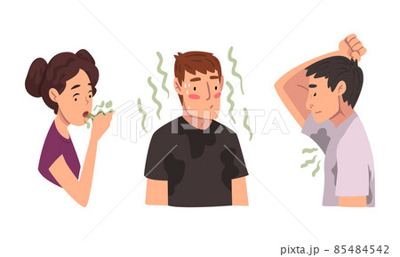 Man and Woman Breathing to the Hand Feeling Bad Smell from Their Mouth and Armpit Vector Set 85484542