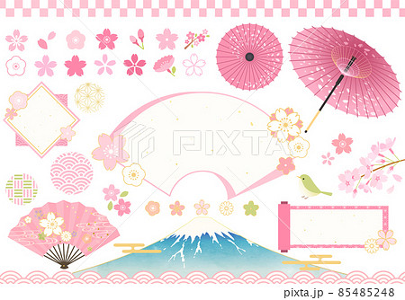桜、富士山、フレーム、和傘などの春イメージのベクターイラスト 桜、富士山、フレーム、和傘などの春イメージのベクターイラスト 85485248