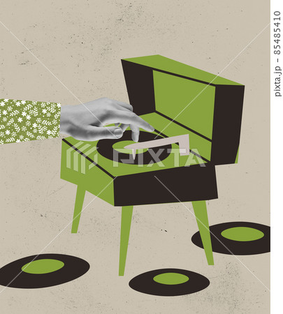 Contemporary art collage. Male hands turning on retro styled green vinyl player isolated over beige background 85485410