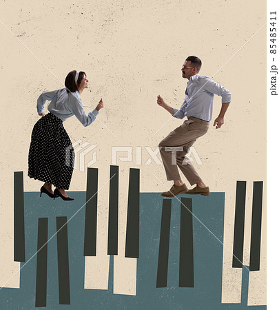 Retro design. Contemporary art collage of couple dancing on piano keys isolated over beige background 85485411