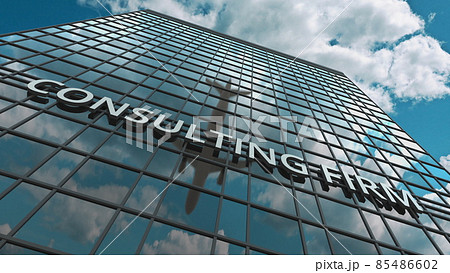 CONSULTING FIRM signboard on a modern skyscraper reflecting flying plane. 3D rendering 85486602