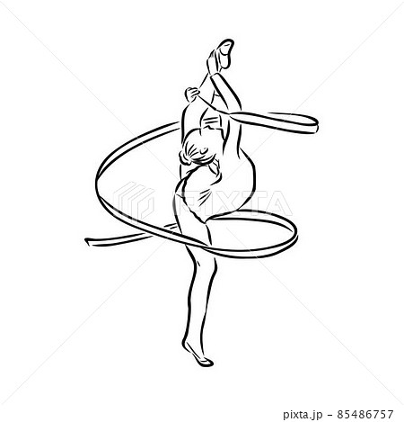 Rhythmic gymnastics. Silhouette of a girl with a ribbon. Beautiful gymnast. The woman is slim and young. Vector illustration. 85486757