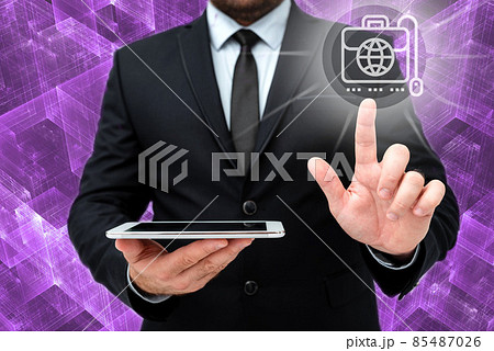 Man In Office Uniform Standing Pressing Virtual Button With Finger Holding Tablet. Gentleman In Business Attire Carrying Tab Pointing New Futuristic Technology. 85487026