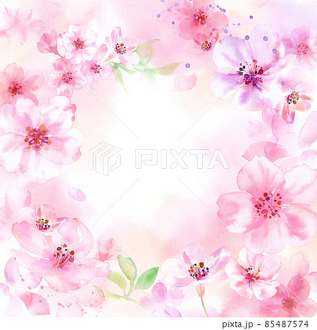 春の花：幻想的な桜のフレーム背景。水彩イラスト。ルーズタッチ。 85487574