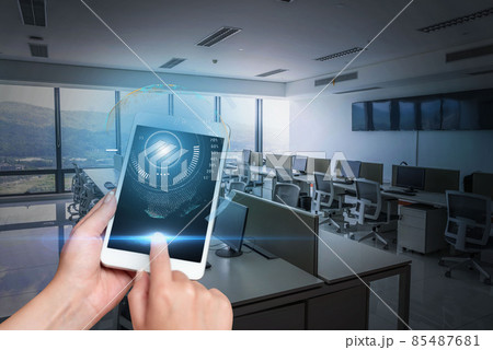 Hand Touching Screen Of Mobile Phone Inside Office Showing Futuristic Technology. Finger Tapping Cellphone In Computer Shop Presenting Modern Automation. 85487681