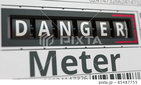 Analog counter displays DANGER text, conceptual 3D rendering 85487755