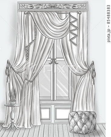 Tall Glass Window Pane With Beautiful Curtain Beside A Plant Vase Placed On A Table Colorless Line Drawing. House Windows With Long Drapes Coloring Book Page. 85488383