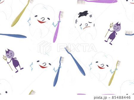 歯磨きがしたくなる？歯と歯ブラシと虫歯のテキスタイルイラスト（背景透過） 85488446