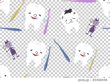 你想刷牙嗎？牙齒、牙刷和蛀牙的紡織插圖（透明背景） 85488446