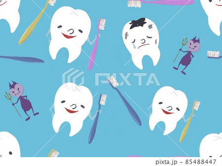 歯磨きがしたくなる？歯と歯ブラシと虫歯のテキスタイルイラスト 85488447