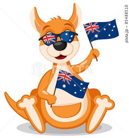 A kangaroo with glasses is holding the australian flag. Character, Australia Day 85488510