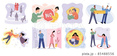 Cartoon extravert and introvert people. Personal space, social distancing, psychology concept 85488556