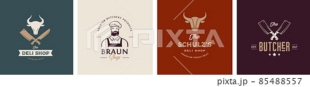 Butcher shop, gourmet, deli store logo design. Hipster butcher, knifes and cow symbols 85488557