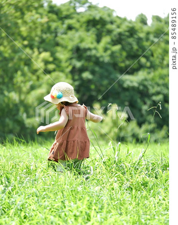 夏の原っぱの中を帽子を被って歩く幼児の後ろ姿の写真素材 [85489156] - PIXTA